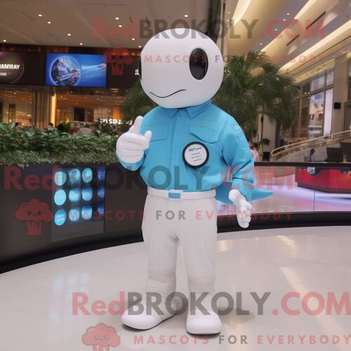 Costume De Mascotte Redbrokoly De Béluga Bleu Ciel Habillé D Une Chemise En Popeline Et De Montres Numériques