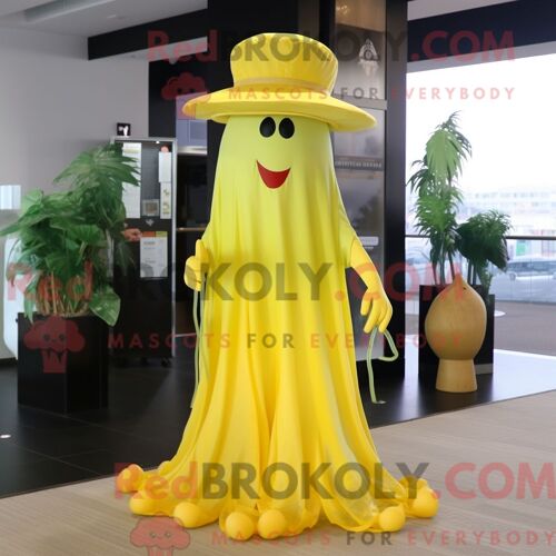 Costume De Mascotte Redbrokoly De Méduse Jaune Citron Personnage Habillé D Une Robe De Soirée Et D Épingles À Chapeau