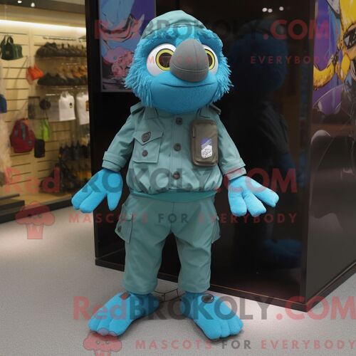 Personnage De Costume De Mascotte Redbrokoly Cyan Special Air Service Habillé Avec Un Pantalon Chino Et Des Pinces À Chaussures