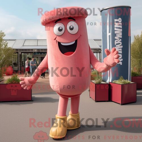 Personnage Mascotte Redbrokoly De Currywurst Rose Habillé Avec Un Jean Bootcut Et Des Bretelles