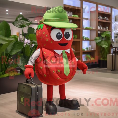 Personnage De Costume De Mascotte Redbrokoly De Fraise Olive Habillé Avec Un Short Et Des Porte-Documents