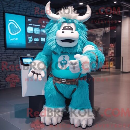 Costume Mascotte Redbrokoly De Cyan Yak Habillé D Une Parka Et De Montres Numériques