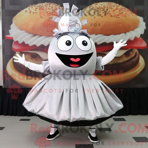 Personnage De Costume De Mascotte Redbrokoly De Hamburger Argenté Habillé D Une Jupe Circulaire Et De Pinces À Chaussures