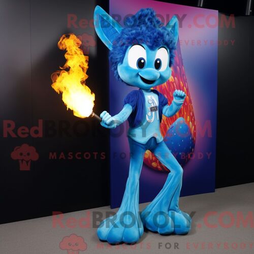 Costume De Mascotte Redbrokoly De Cracheur De Feu Bleu Habillé D Un Legging Et D Un Porte-Clés