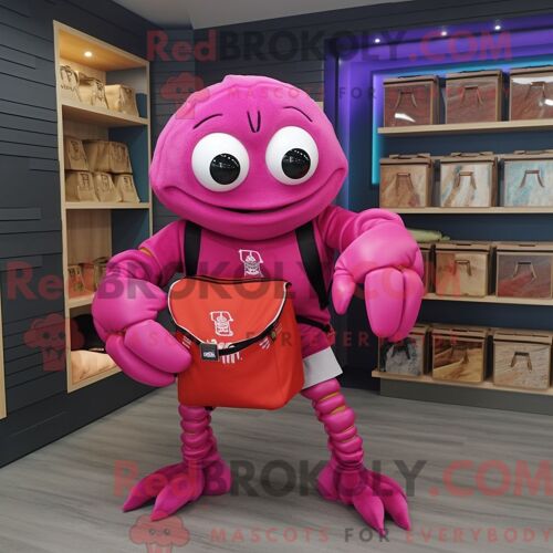 Costume De Mascotte Redbrokoly De Crabe Ermite Magenta Habillé Avec Un Polo Et Des Pochettes
