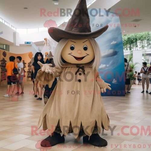 Costume De Mascotte Redbrokoly De Chapeau De Sorcière Beige Personnage Habillé Avec Un Pantalon Chino Et Des Pinces À Cheveux