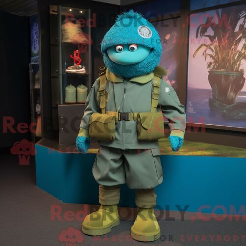 Personnage De Costume De Mascotte Redbrokoly Cyan Special Air Service Habillé Avec Un Pantalon Chino Et Des Pinces À Chaussures