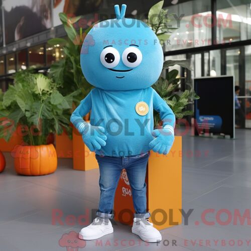 Personnage De Costume De Mascotte Redbrokoly De Cyan Squash Habillé D Un Jean Et De Montres Numériques