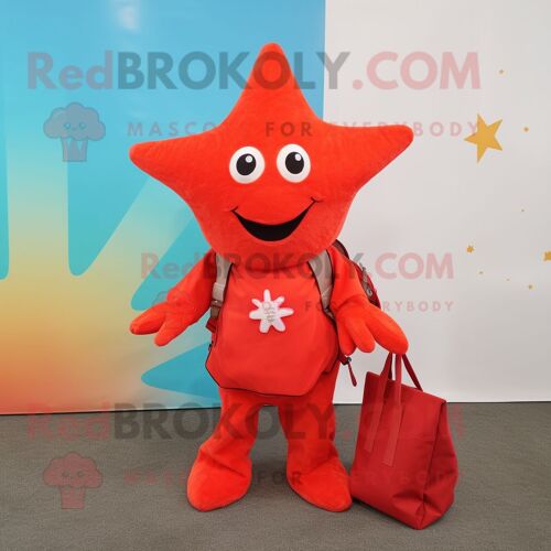 Personnage De Costume De Mascotte Redbrokoly D'étoile De Mer Rouge Habillé D'une Veste Et De Sacs Fourre-Tout