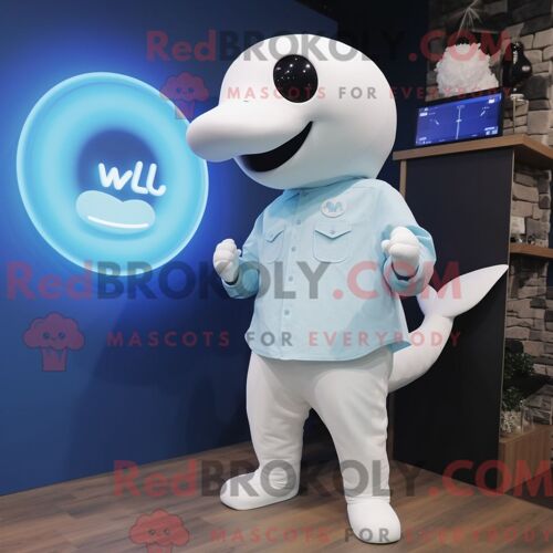 Costume De Mascotte Redbrokoly De Béluga Bleu Ciel Habillé D Une Chemise En Popeline Et De Montres Numériques