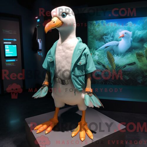 Costume De Mascotte Redbrokoly D Albatros Turquoise Habillé D Un Short Cargo Et De Bracelets De Cheville