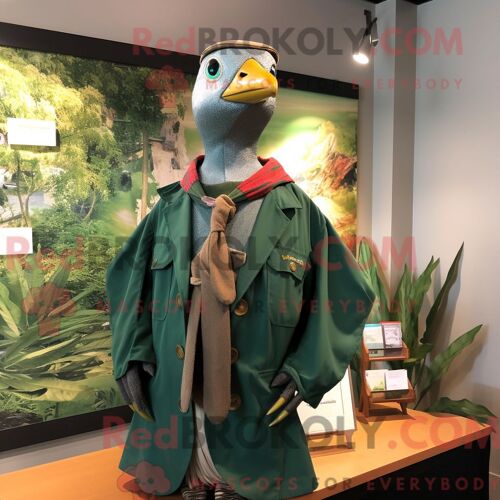 Costume De Mascotte Redbrokoly De Pigeon Voyageur Vert Forêt Habillé D Un Blazer Et De Colliers