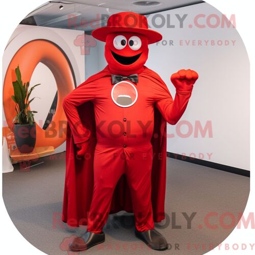 Personnage De Costume De Mascotte Redbrokoly De Super-Héros Rouge Habillé Avec Une Veste De Costume Et Des Chapeaux