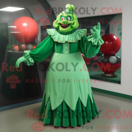 Costume De Mascotte Redbrokoly De Clown Maléfique Vert Habillé D Une Robe De Bal Et De Mitaines