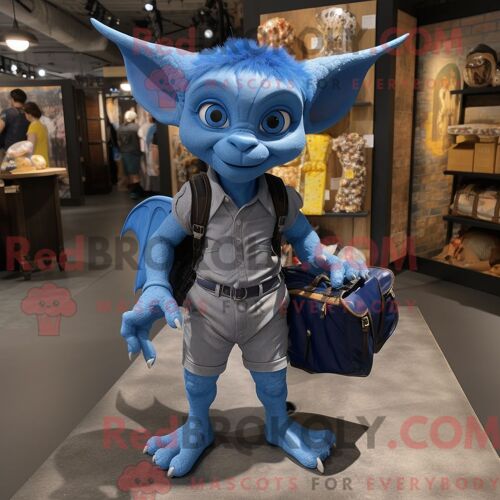 Mascotte Redbrokoly De Gargouille Bleue Personnage Habillé Avec Une Combishort Et Des Sacs À Dos