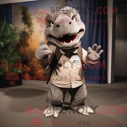 Personnage De Costume De Mascotte Redbrokoly T Rex Gris Habillé Avec Un Pantalon Et Des Sacs À Dos En Velours Côtelé