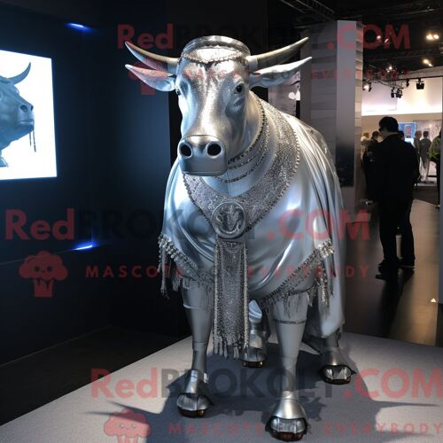 Personnage De Costume De Mascotte Redbrokoly Silver Bull Habillé Avec Une Veste Et Des Bracelets De Cheville