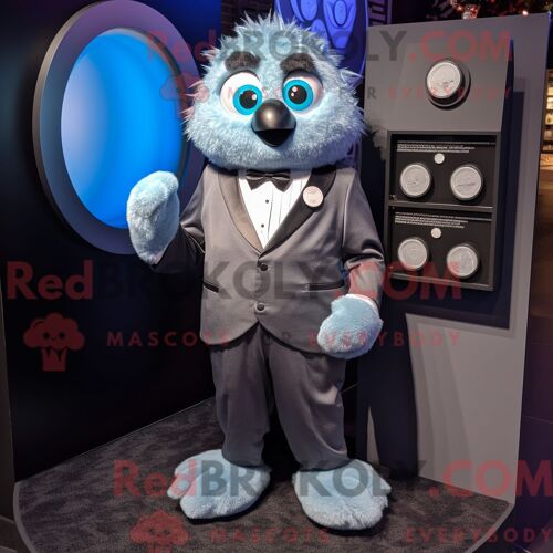 Costume De Mascotte Redbrokoly De Yéti Bleu Personnage Habillé D Un Smoking Et D Un Porte-Monnaie