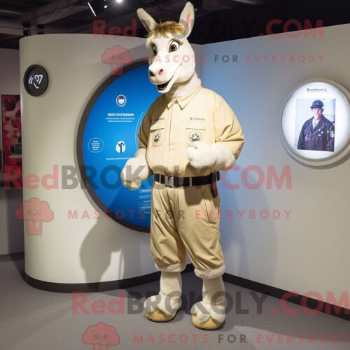 Costume Mascotte Redbrokoly D Âne Crème Personnage Habillé D Un Manteau Et D Un Bracelet De Montres