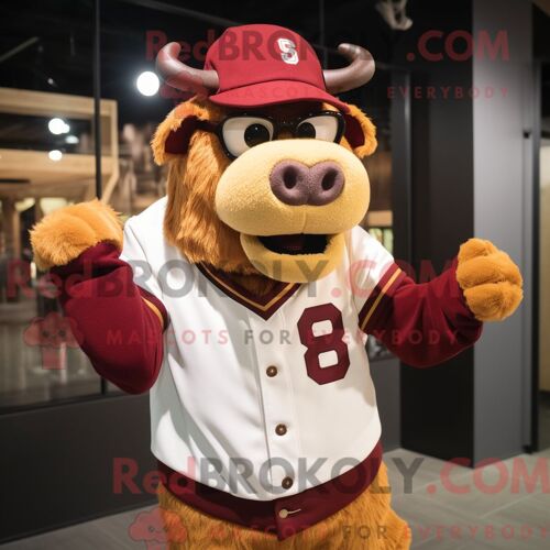 Costume De Mascotte Redbrokoly De Vache En Jersey Marron Personnage Habillé Avec Un T-Shirt De Baseball Et Des Lunettes