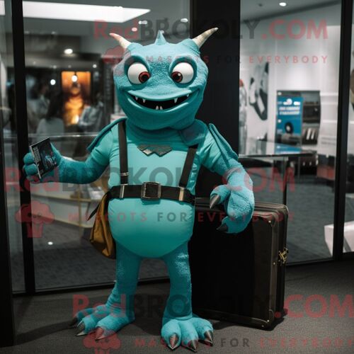 Costume Mascotte Redbrokoly De Démon Bleu Sarcelle Habillé D Un Col Roulé Et De Porte-Documents
