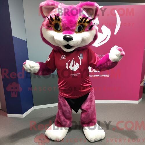 Costume De Mascotte Redbrokoly Magenta Lynx Habillé Avec Une Mini-Jupe Et Des Écharpes