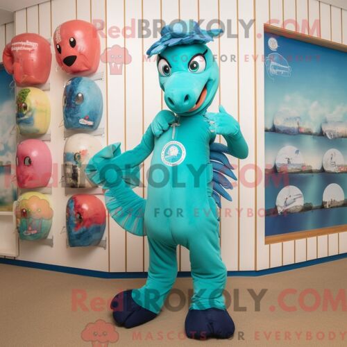 Costume Mascotte Redbrokoly D Hippocampe Bleu Sarcelle Habillé D Un Bermuda Et D Anneaux