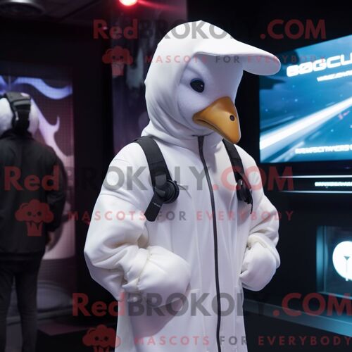 Costume Mascotte Redbrokoly D Oie Blanche Habillé D Un Sweat À Capuche Et De Montres Connectées