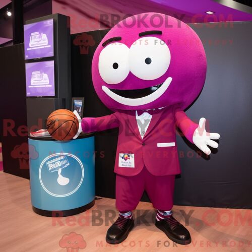 Personnage De Costume De Mascotte Redbrokoly De Ballon De Basket-Ball Magenta Habillé Avec Une Veste De Costume Et Un Porte-Monnaie
