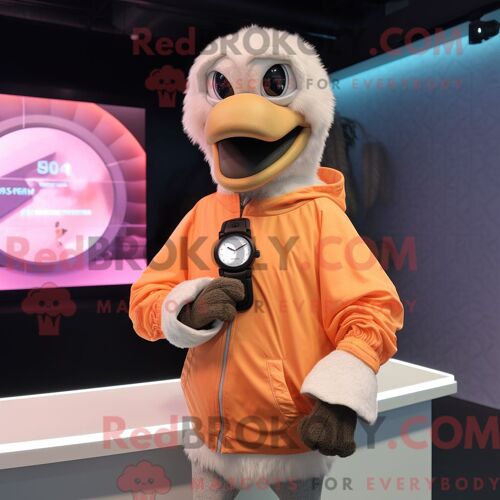 Costume De Mascotte Redbrokoly D Autruche Pêche Habillé D Un Sweat À Capuche Et De Montres Intelligentes