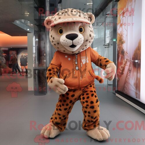 Personnage De Costume De Mascotte Redbrokoly De Léopard Rouille Habillé Avec Un Pantalon De Jogging Et Des Sacs À Main
