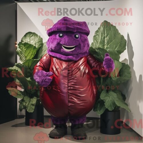 Personnage De Costume De Mascotte Redbrokoly De Feuille De Chou Rouge Habillé D Une Veste En Cuir Et De Mitaines