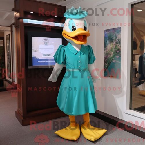 Costume De Mascotte Redbrokoly De Canard Bleu Sarcelle Habillé Avec Une Robe Droite Et Des Bandeaux