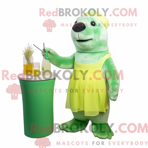 Costume De Mascotte Redbrokoly D Otarie Vert Citron Personnage Habillé D Une Robe De Cocktail Et De Mitaines