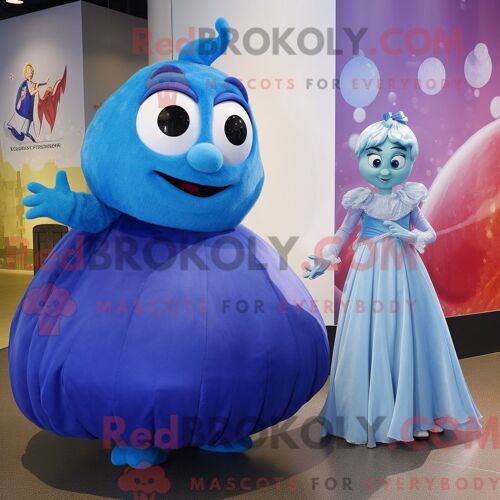 Costume Mascotte Redbrokoly De Moussaka Bleue Personnage Habillé D Une Robe De Bal Et De Montres
