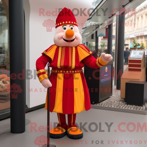 Costume Mascotte Redbrokoly De La Garde Suisse Rouge Personnage Habillé D Un Cardigan Et De Lacets De Chaussures
