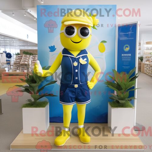 Costume Mascotte Redbrokoly De Citron Bleu Marine Habillé Avec Un Maillot De Bain Une Pièce Et Des Broches