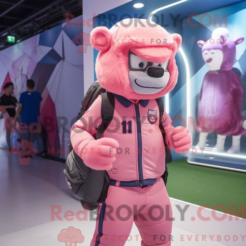 Mascotte Redbrokoly De Casque De Football Américain Rose Personnage Costumé Habillé D Une Parka Et De Sacs À Dos