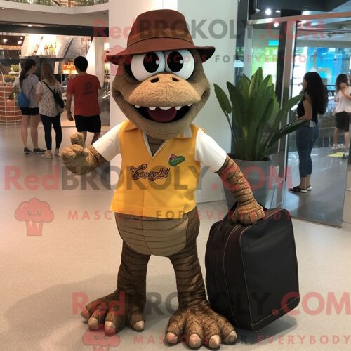 Mascotte Redbrokoly De Personnage De Crocodile Marron Habillé D Une Combinaison Et De Sacs Fourre-Tout
