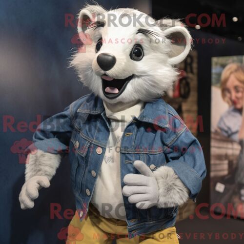 Costume Mascotte Redbrokoly De Blaireau Blanc Habillé D Un Short En Jean Et De Pochettes De Costume