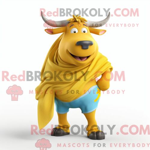 Costume De Mascotte Redbrokoly De Taureau Jaune Habillé D Un Pantalon Capri Et D Écharpes