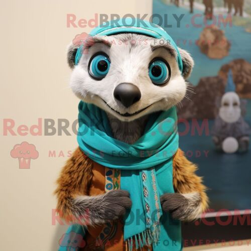 Costume De Mascotte Redbrokoly De Suricate Turquoise Personnage Habillé D Un Gilet Et D Épingles De Châle