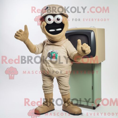 Personnage De Costume De Mascotte Redbrokoly De Tan Television Habillé Avec Un Rash Guard Et Des Coussinets De Pied