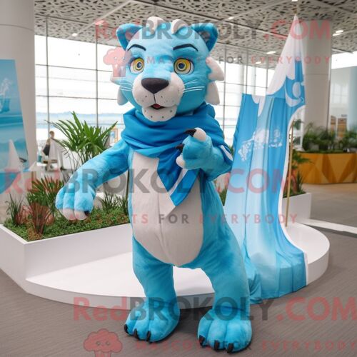 Costume Mascotte Redbrokoly De Tigre À Dents De Sabre Bleu Ciel Personnage Habillé Avec Un Bikini Et Des Clips Pour Écharpe