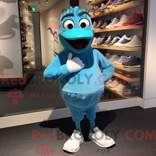 Costume Mascotte Redbrokoly De Pigeon Cyan Habillé D Un Col Roulé Et De Pinces À Chaussures