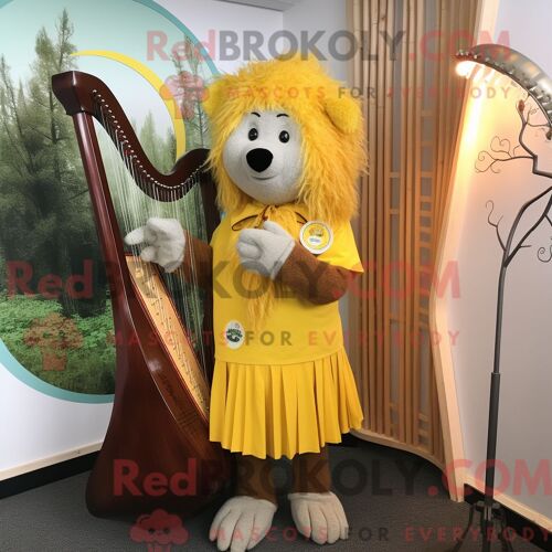 Costume De Mascotte Redbrokoly De Harpe Celtique Jaune Personnage Habillé D Un Pantalon En Velours Côtelé Et De Broches