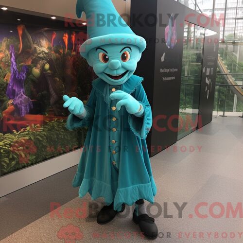 Costume Mascotte Redbrokoly De Sorcière Bleu Sarcelle Habillé D Un Pull Et De Lacets De Chaussures