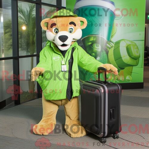 Personnage De Costume De Mascotte Redbrokoly De Lion De Montagne Vert Citron Habillé Avec Une Veste Et Des Porte-Documents