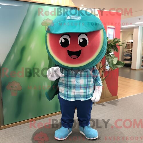 Costume De Mascotte Redbrokoly De Pastèque Turquoise Personnage Habillé D Une Chemise Oxford Et De Bonnets