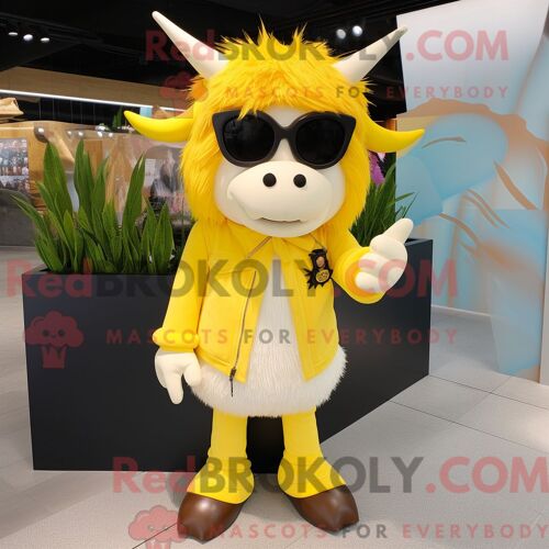 Mascotte Redbrokoly De Yak Jaune Citron Personnage Habillé Avec Un Short Et Des Lunettes De Soleil
